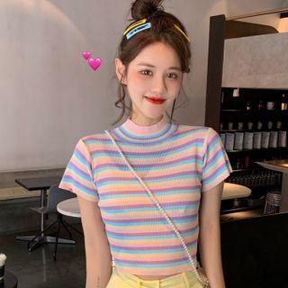 Short-sleeve Striped Knit Top Stripe - Pink - One Size