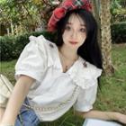 Puff-sleeve Collar Embroidered Blouse White - One Size