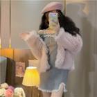 Off-shoulder Lace Trim Slit Mini Dress / Long-sleeve Plain Furry Jacket