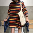 Elbow-sleeve Color Block Mini T-shirt Dress As Shown In Figure - One Size
