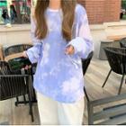 Long-sleeve Tie-dyed T-shirt Long Sleeve - Blue & White - One Size