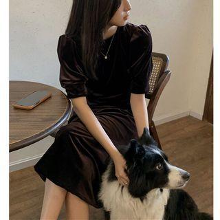 Short-sleeve Velour Midi A-line Dress