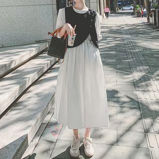 Set : Round-neck Elbow-sleeve Lace-up Dress + Vest