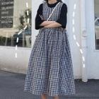 Plain Elbow-sleeve T-shirt / Plaid Midi Pinafore Dress