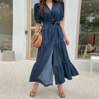 Tiered Denim Maxi Dress With Sash Dark Blue - One Size