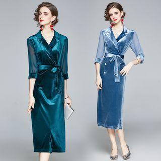 Long-sleeve Double Breasted Velvet Midi Dress