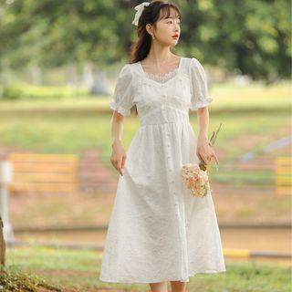 Puff-sleeve Lace Ruffle Collar Midi A-line Dress