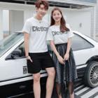 Couple Matching Set: Lettering Short-sleeve T-shirt + Mesh Panel Plaid Midi Skirt / Lettering Short-sleeve T-shirt