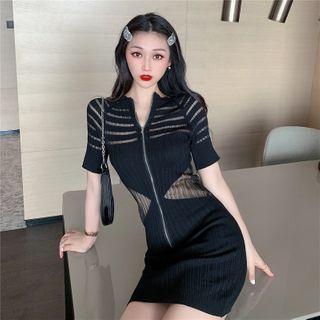 Short-sleeve Mini Rib Knit Sheath Dress