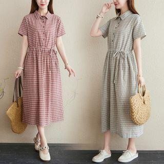 Short-sleeve Henley Plaid Midi Shirt Dress