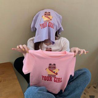 Short-sleeve Bear Print Cropped T-shirt