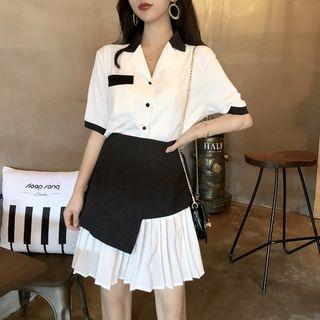 Color-block Short-sleeve Shirt / Pleated Skirt