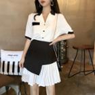 Color-block Short-sleeve Shirt / Pleated Skirt