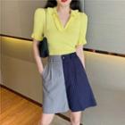 V-neck Short-sleeve T-shirt / Striped Two-tone Shorts
