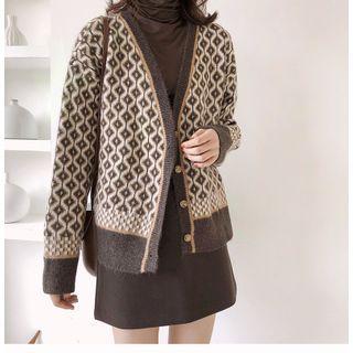 Button-up Diamond Print Cardigan