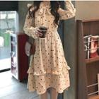 Dotted Long-sleeve A-line Midi Dress Almond - One Size