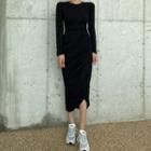 Long-sleeve Plain Asymmetrical Mini Sheath Dress