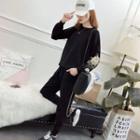 Set: Flower Embroidered Sweater + Harem Knit Pants Set - Black - One Size