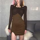 Set: Halter-neck Mini Bodycon Dress + Long-sleeve Drawstring Crop Top