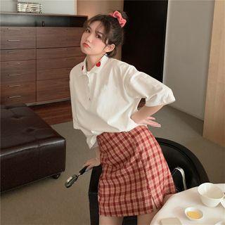 Heart Embroidered Elbow-sleeve Shirt / Plaid A-line Skirt