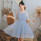 Star Sequined Elbow-sleeve Mesh Dress