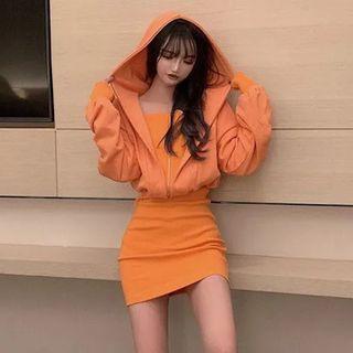 Mock Two-piece Puff-sleeve Hooded Dress