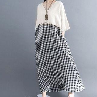 Elbow-sleeve Gingham Panel Maxi Shift Dress