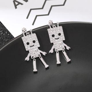 Rhinestone Robot Earring Stud Earring - 1 Pair - Robot - Silver - One Size