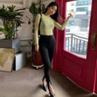 Slit-hem Slim-fit Pants Black - One Size