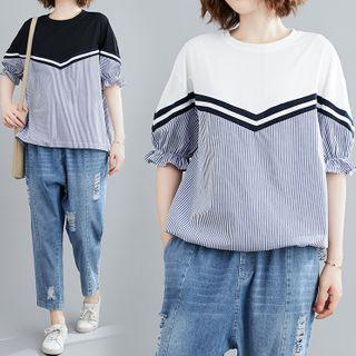Puff-sleeve Striped Paneled Blouse