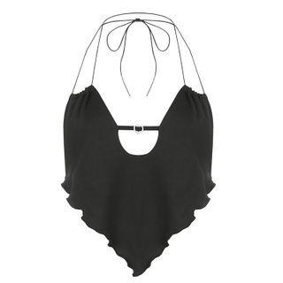 Plain Halter-neck Spaghetti Straps Top Houndstooth - Black - One Size