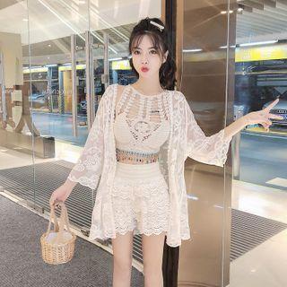 Lace Jacket / Crocheted Knit Tank Top / Ruffle Shorts / Set