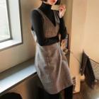 Sleeveless Buckled Houndstooth Wrap-front Dress