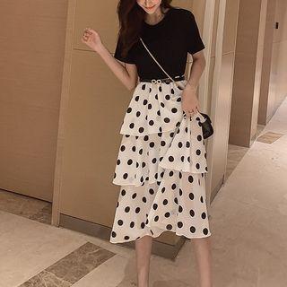 Short-sleeve Polka Dot Tiered Dress