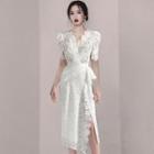 Short-sleeve Lace Slit Midi Sheath Dress