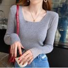 Long-sleeve Square Neck Pinstripe Slim Fit Knit Top
