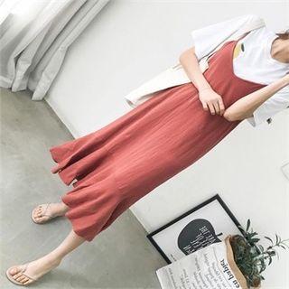 Spaghetti-strap Flounced Linen Blend Long Dress