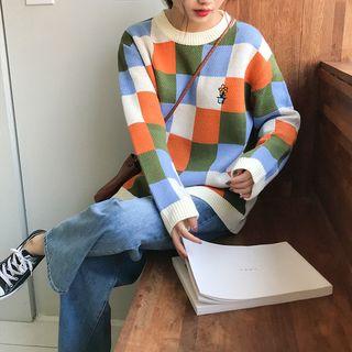 Checked Flower Embroidered Sweater