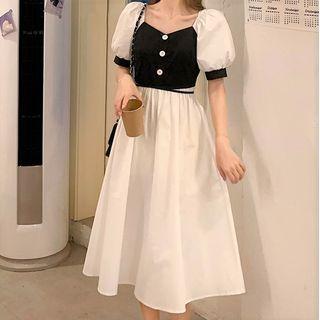 Two Tone Square Neck Puff Sleeve Dress Black & White - One Size
