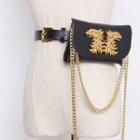 Set: Faux Leather Belt + Chained Metal Accent Waist Pouch Faux Leather Belt & Waist Pouch - Black - One Size