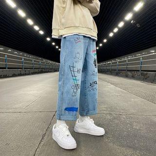 Graffiti Print Straight-cut Jeans