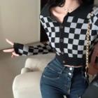 Checkered Cropped Cardigan / Boot-cut Jeans