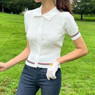 Collared Scallop-edge Pointelle Cardigan