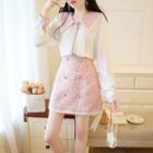 Set: Long-sleeve Color-block Shirt + Double-breasted Skirt