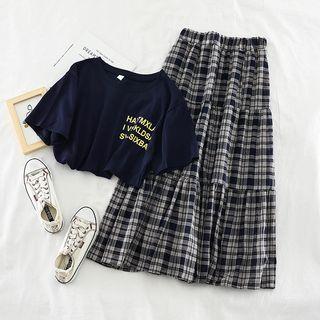 Set: Lettering Short-sleeve T-shirt + Plaid Midi Skirt