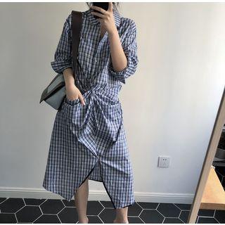 Plaid Midi Collared Dress Plaid - Blue - One Size