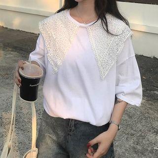 Elbow-sleeve Crochet Collar T-shirt