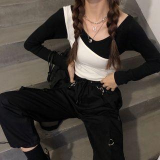 Long-sleeve Plain T-shirt / One-shoulder Tank Top / Cargo Pants / Set