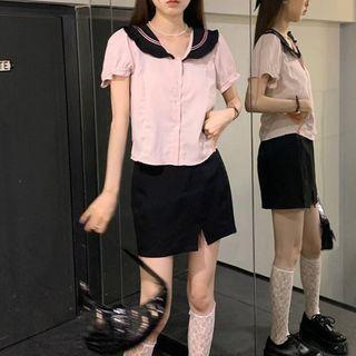 Set: Short-sleeve Sailor Shirt + Plain A-line Skirt