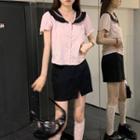 Set: Short-sleeve Sailor Shirt + Plain A-line Skirt